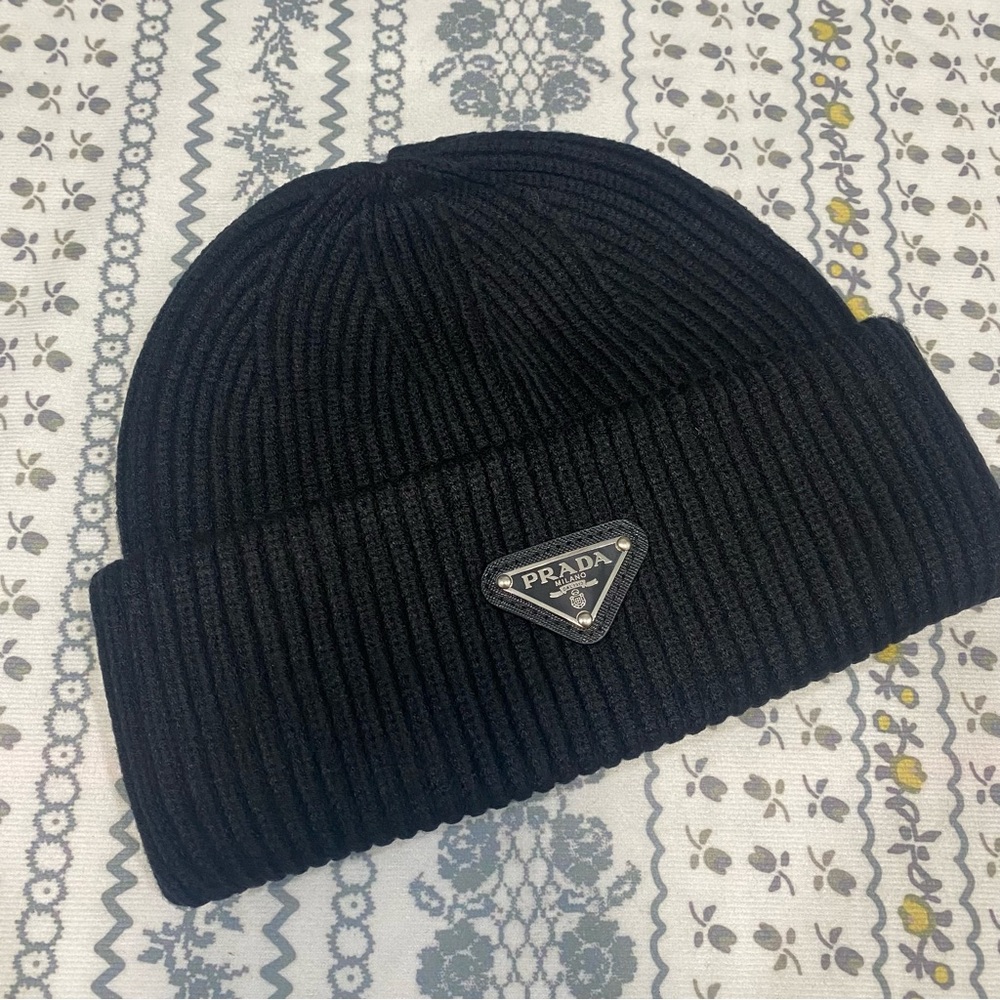 Prada Black Ribbed Knit Beanie